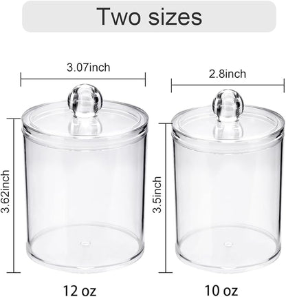 WEISHI 4 Pack Qtip Holder Dispenser - Cotton Ball, Swab, Round Pads, Floss , Small Clear Plastic Apothecary Jar Containers with Lids for Bathroom Storage and Organization, Vanity Organizer