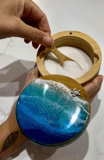 Ocean Resin Art Bamboo Salt Box, Salt Cellar, Bath Salt Container, Storage Box, Herb, Salt, Pepper, Sugar, Spices Storage Box with Magnetic Swivel Lid, Spoon and Turtle Charm