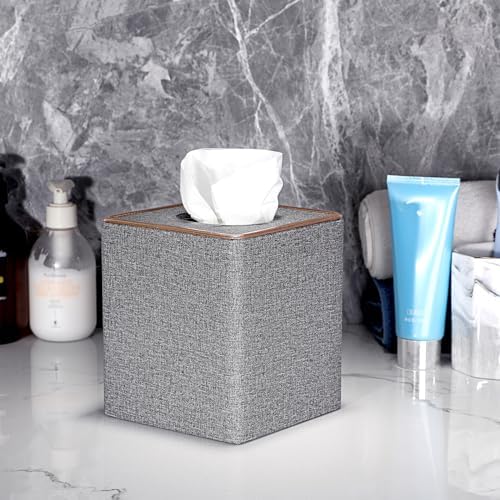 Sumnacon Square Linen Tissue Box Cover with Magnetic Bottom, Gold Trim,Grey - Image 3
