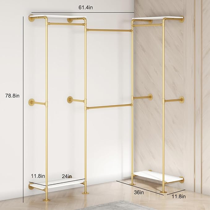 KaKaBB Industrial Pipe Clothing Rack with Shelves, Wall Mounted Gold Corner Clothes Rack, Adjustable Closet System for Walk in Closets, Heavy Duty Metal Garment Organizer (73" W x 84" H)