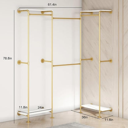 KaKaBB Industrial Pipe Clothing Rack with Shelves, Wall Mounted Gold Corner Clothes Rack, Adjustable Closet System for Walk in Closets, Heavy Duty Metal Garment Organizer (73" W x 84" H)