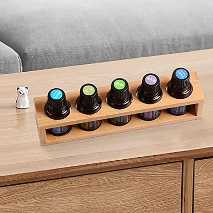 Sohynca Natural Bamboo Essential Oils Storage Rack fits 15ml bottles 1 Tier Tabletop Display Stand for Aromatherapy Bottles Storage Shelf fits 15ml 10ml 5ml bottles (5 Slots * 2pcs)