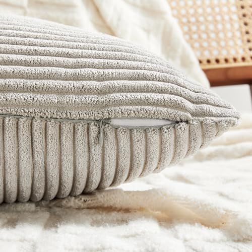 Fancy Homi 2 Packs Neutral Grey Euro Decorative Throw Pillow Covers 26x26 Inch for Couch Bed Sofa, Rustic Farmhouse Boho Home Decor, Soft Corss Corduroy Patchwork Textured Square Cushion Case 66x66 cm - Image 4