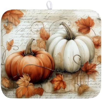 Fall Dish Drying Mat for Kitchen Counter Autumn Thanksgiving Orange White Pumpkin Drying Mats 16x18 Inch Vintage Maple Leaf Holiday Draining Pad Microfiber Absorbent Dish Drainer Rack Mat by Wnoesat
