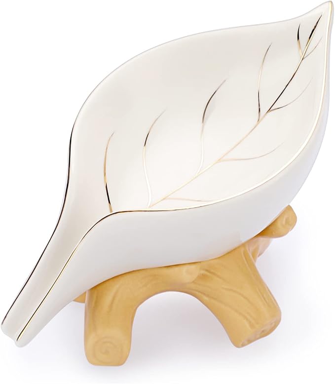JUXYES Ceramic Soap Dish Holder Self Draining, Unique Waterfall Soap Dish Leaf Shape Decorative Soap Dish Tray Tabletop Drainable Soap Saver Bathtub Waterfall Soap Dish Holder for Bathroom Shower
