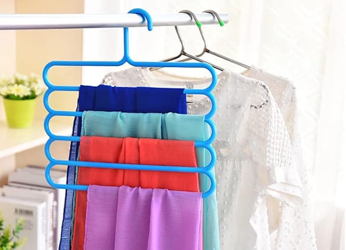 HappyDaily Slip Free 5 Layers Closet Pants Organizer, Multifunctional Space Saving Cloth Hanger for Clothes Trousers Scarfs Ties (3 Pack, Pink/Green/Blue)