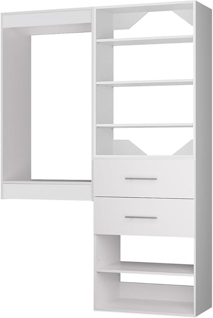 ROOMTEC Modular Closet System, 40" Wall Mounted Closet Organizer with Hanging Rods and Drawers, Wooden Tower for Walk-In Closets, Wardrobe Storage Kit, White