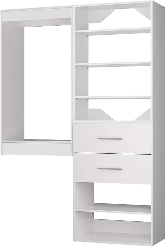 ROOMTEC Modular Closet System, 46" Wall Mounted Closet Organizer with Hanging Rods and Drawers, Wooden Tower for Walk-In Closets, Wardrobe Storage Kit, White