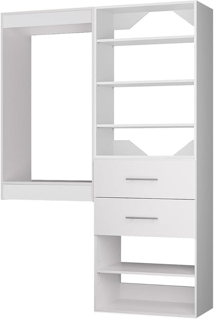ROOMTEC Modular Closet System, 64" Wall Mounted Closet Organizer with Hanging Rods and Drawers, Wooden Tower for Walk-In Closets, Wardrobe Storage Kit, White
