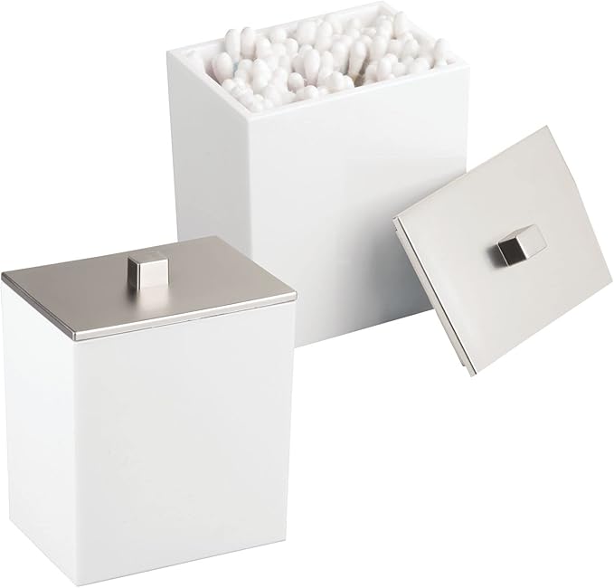 mDesign Plastic Rectangle Apothecary Canister - Organizer for Bathroom Vanity Countertop Shelf Decor - Holds Cotton Swabs, Soap, Makeup, Bath Salts - Lumiere Collection - 2 Pack - White/Brushed Chrome