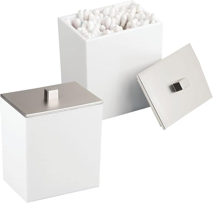 mDesign Plastic Rectangle Apothecary Canister - Organizer for Bathroom Vanity Countertop Shelf Decor - Holds Cotton Swabs, Soap, Makeup, Bath Salts - Lumiere Collection - 2 Pack - White/Brushed Chrome
