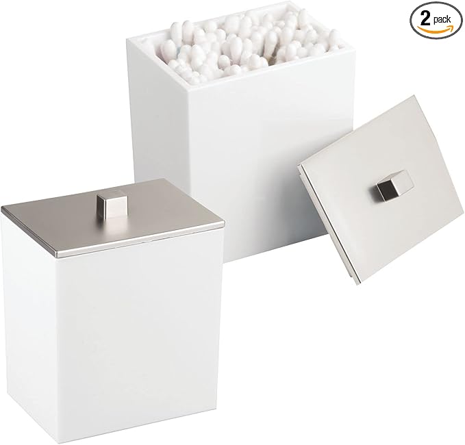 mDesign Plastic Rectangle Apothecary Canister - Organizer for Bathroom Vanity Countertop Shelf Decor - Holds Cotton Swabs, Soap, Makeup, Bath Salts - Lumiere Collection - 2 Pack - White/Brushed Chrome