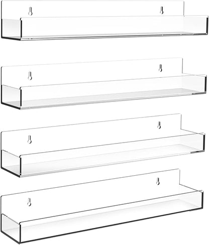 Clear Acrylic Floating Shelves Wall Mounted 15 Inch Invisible Kids Bookshelf Figurine Display Shelf Spice Rack for Office Bathroom Kitchen (4 Pack)