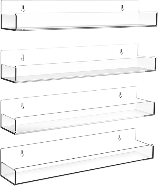 Clear Acrylic Floating Shelves Wall Mounted 15 Inch Invisible Kids Bookshelf Figurine Display Shelf Spice Rack for Office Bathroom Kitchen (4 Pack)