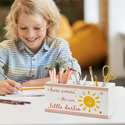 Boho Sunshine Classroom Pen Holder, Boho Office Pen Pencil Holder Organizer for Desk Accessories, Sunshine Nursery Wooden Box Desk Decor for Kids Nursery Room Classroom Desk Decorations - Image 5
