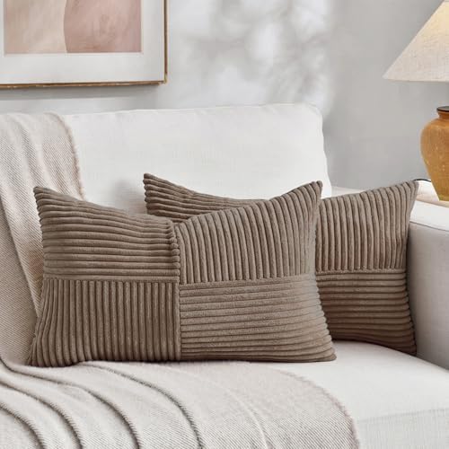 Fancy Homi Set of 2, Light Brown Patchwork Corduroy Decorative Soft Striped Modern Accent Cushion Case Farmhouse Boho Neutral Throw Pillow Covers for Chair Couch Bed Sofa Living Room 20x12 Inch by Fancy+Homi