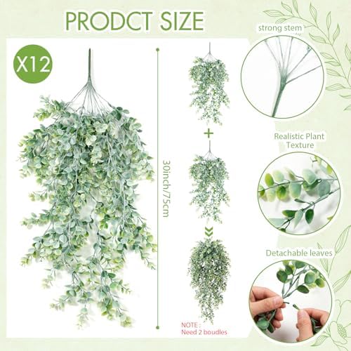 Zeyune 12 Pack Artificial Hanging Eucalyptus Plants, Fake Greenery Eucalyptus Leaves, Boho Ivy Plant Decor for Wedding, Bridal Shower Backdrop Bathroom Home Office Desk Indoor Wall (White-Sprayed) - Image 2
