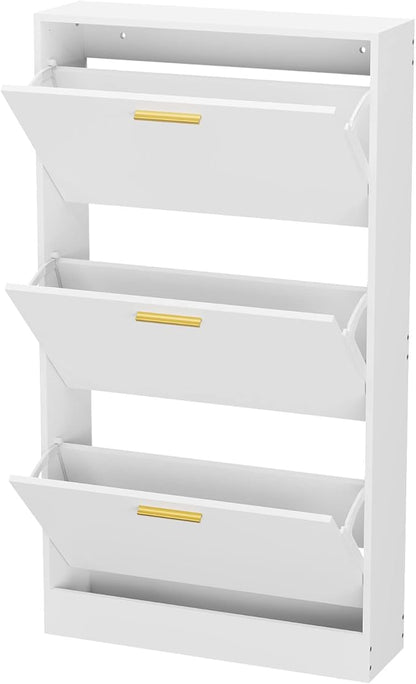 JOZZBY Shoe Cabinet Storage with 3 Flip Drawers for Entryway, White Slim Freestanding Modern Narrow Shoe Organizer Rack Cabinet for Hallway, Living Room, Set of 2