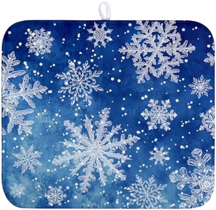 Winter Blue Snowflake Dish Drying Mat for Kitchen Counter Merry Christmas Snowflakes Drying Mats Xmas Holiday Dish Draining Mat Microfiber Absorbent Dish Drainer Rack Pad 16x18 Inch by Wnoesat
