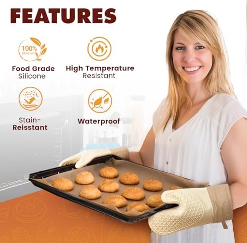 Silicone Oven Mitts (2 PCS), Waterproof Non Slip Grip Oven Gloves with Thick Soft Cotton Lining, Universal Fit Heat Resistant Kitchen Gloves for Baking, BBQ, Cooking and Grilling - White - Image 4