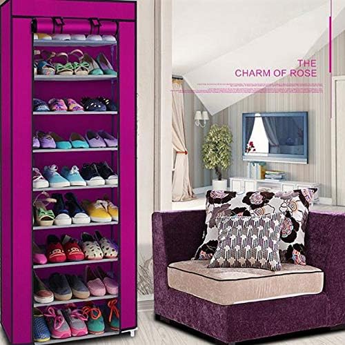 9 Tier Shoe Rack, Space Saving Portable Storage Organizer, 10 Tiers 9 Lattices Non-Woven Waterproof Fabric Cover Shoe Rack (Rose Red, 10 Tiers 9 Lattices)