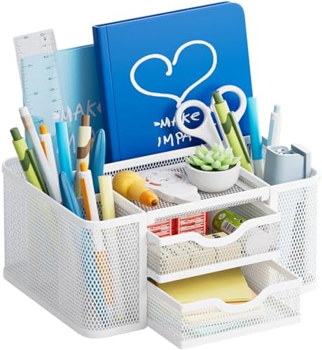 Marbrasse Mesh Desk Organizer, Pen Organizer with 2 Drawer, Multi-Functional Pencil Holder, Desk Organizers and Accessories with 5 Compartments + Drawer for Office Art Supplies (White) by Marbrasse