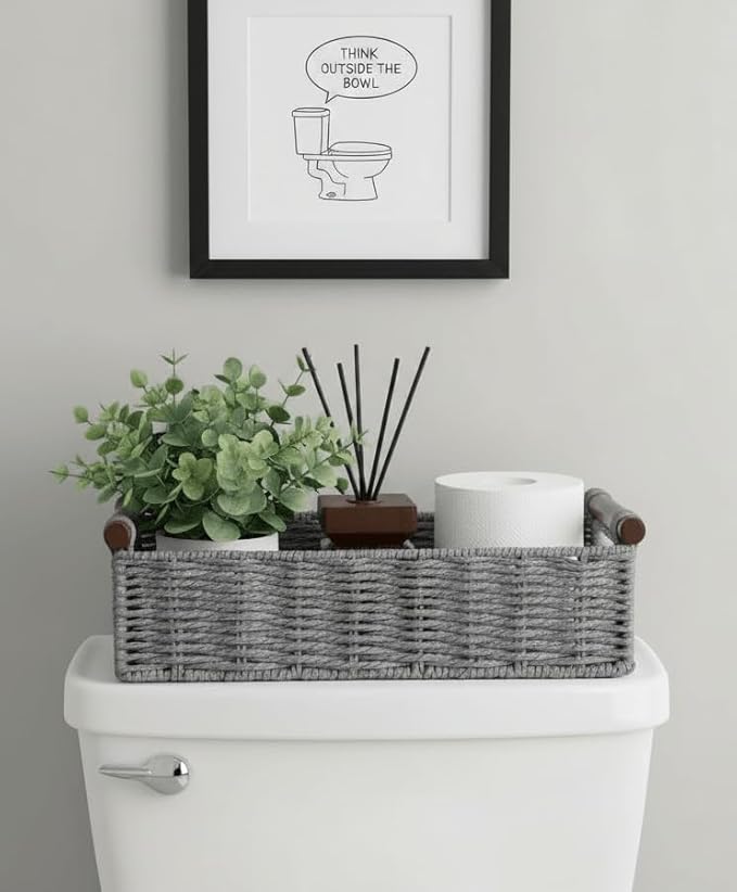 CubesLand Small Wicker Toilet Basket Tray Organizer W/Cut Out Handle, Handwoven Slim Decorative Basket for Countertop, Shelves And for Rustic Home Decor, Living Room, Nursery Organization, Grey