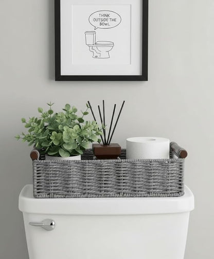 CubesLand Wicker Toilet Storage Basket Tray Organizer W/Cut Out Handle, Slim Decorative Basket for Countertop, Shelves And for Versatile Home Decor, Living Room, Nursery Organization, Grey