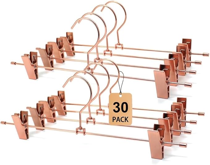 Rose Gold Metal Wire Clips Pants Bottom Clothes Hangers, 30 Pack Heavy Duty Trousers with Adjustable Clips,13.8" Space Saving for Legging Garment Jeans