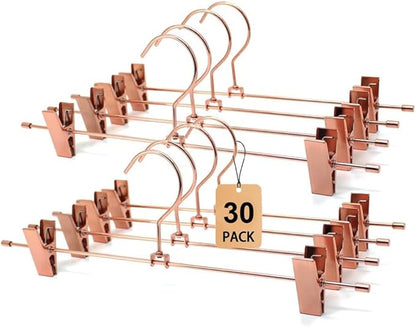 Rose Gold Metal Wire Clips Pants Bottom Clothes Hangers, 30 Pack Heavy Duty Trousers with Adjustable Clips,13.8" Space Saving for Legging Garment Jeans
