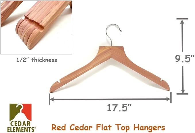 Cedar Elements Flat Top Cedar Hangers – French Style 12 Pack for Adult Size (no Pant bar)