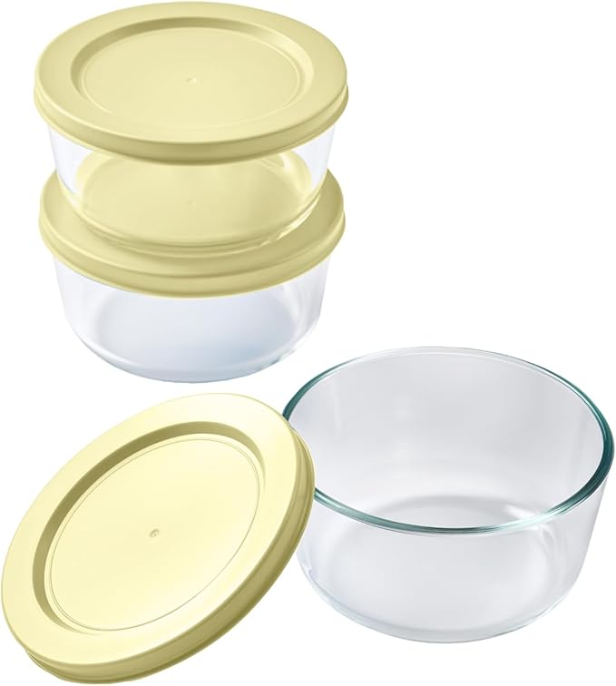 6-Piece Glass Food Storage Containers Set (3 Containers + 3 BPA-Free Lids) | 2-Cup, Leakproof | Microwave, Freezer, Oven & Dishwasher Safe | Ideal for Meal Prep & Pantry Organization, Yellow