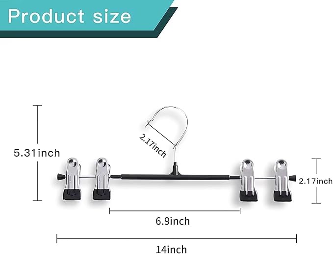 14Inch Black Pants Hangers with Clips for Women 10 Pack Adjustable Heavy Duty Space Saving Skirt Hangers Non-Slip Trousers, Jeans Clothes,Shorts