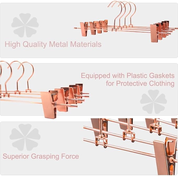 13.7" Rose Gold Copper Pants Hangers with Clips of Strong Non-Slip Skirt Hangers, Space Saving Hangers -Adjustable Clips for Slacks, Jeans, Clothes,Pants -10 Pack