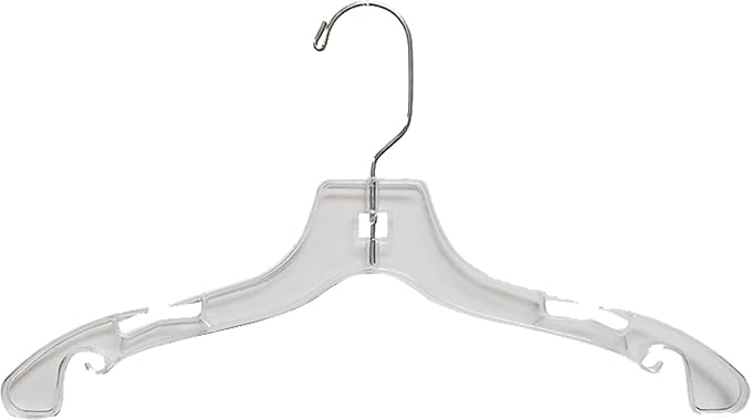 Clear Plastic Junior Top Hanger, (Box of 25) Small 14 inch Space Saving Teen Shirt Hangers with Notches and 360 Degree Chrome Swivel Hook