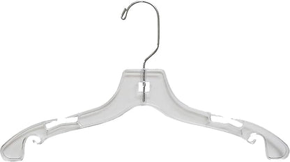 Clear Plastic Junior Top Hanger, (Box of 50) Small 14 inch Space Saving Teen Shirt Hangers with Notches and 360 Degree Chrome Swivel Hook