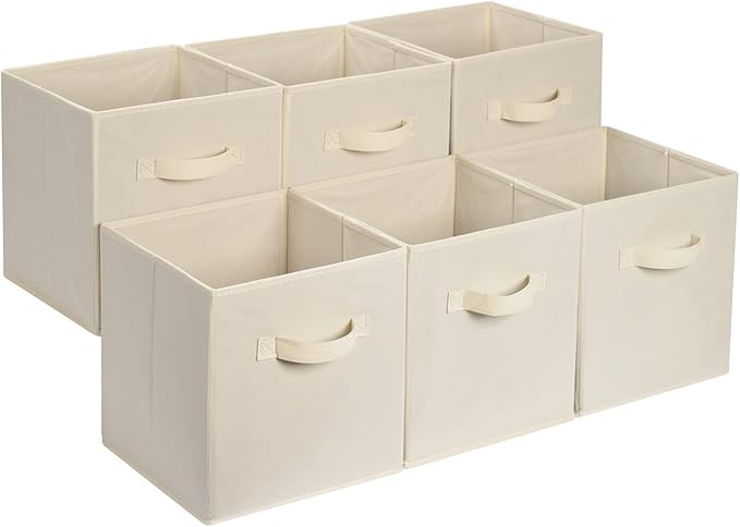 Amazon Basics Collapsible Fabric Storage Cube Bins Organizer with Handles for Organization and Organizing Solution, 13"x13"x13", Beige, 6-Pack