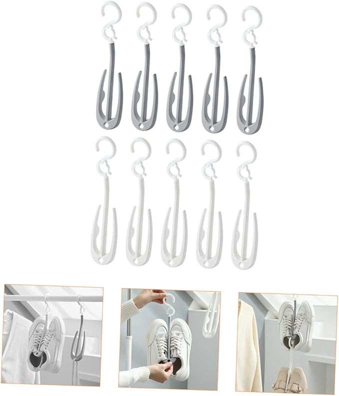 Hemobllo 10-Piece Portable Plastic Shoes Drying Rack Double Hooks Hanging Shoe Holder for Home Use Slippers Organizer for Laundry Room and Balcony