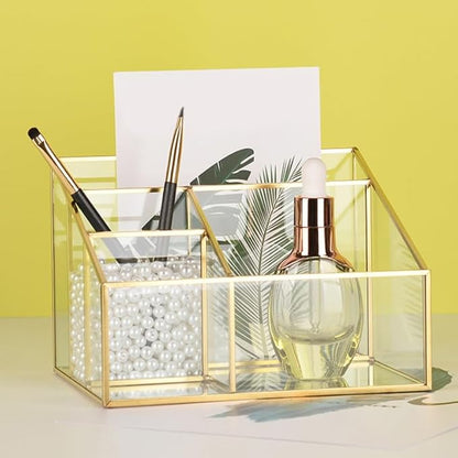 Alipis Glass Makeup Organizer with Gold Trim Large Capacity Cosmetic Display Case for Vanity Lipstick and Brush Holder Transparent Storage Box 7.67X5.70X5.11 Inches