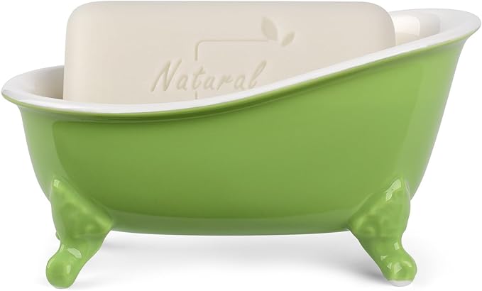 6.1" Vintage Ceramic Mini Decorative Clawfoot Bathtub Bar Soap Dish, Kitchen Sponge Holder and Shower Tray for Bathroom, 1 Pack (Lime)