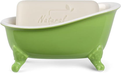6.1" Vintage Ceramic Mini Decorative Clawfoot Bathtub Bar Soap Dish, Kitchen Sponge Holder and Shower Tray for Bathroom, 1 Pack (Lime)