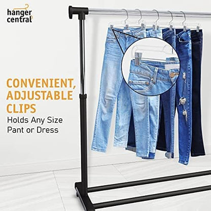 Premium 14 Inch Clear Pants Hangers with Adjustable Clips - 12 Pack Space-Saving Skirt Hangers - Non-Slip Heavy Duty Plastic Closet Organizers with 360° Swivel Hook