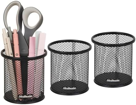 Mind Reader Pen and Accessories Holder, Desktop Organizer, Office, Metal Mesh, 3.5"L x 3.5"W x 3.75"H, Set of 3, Black by MindReader