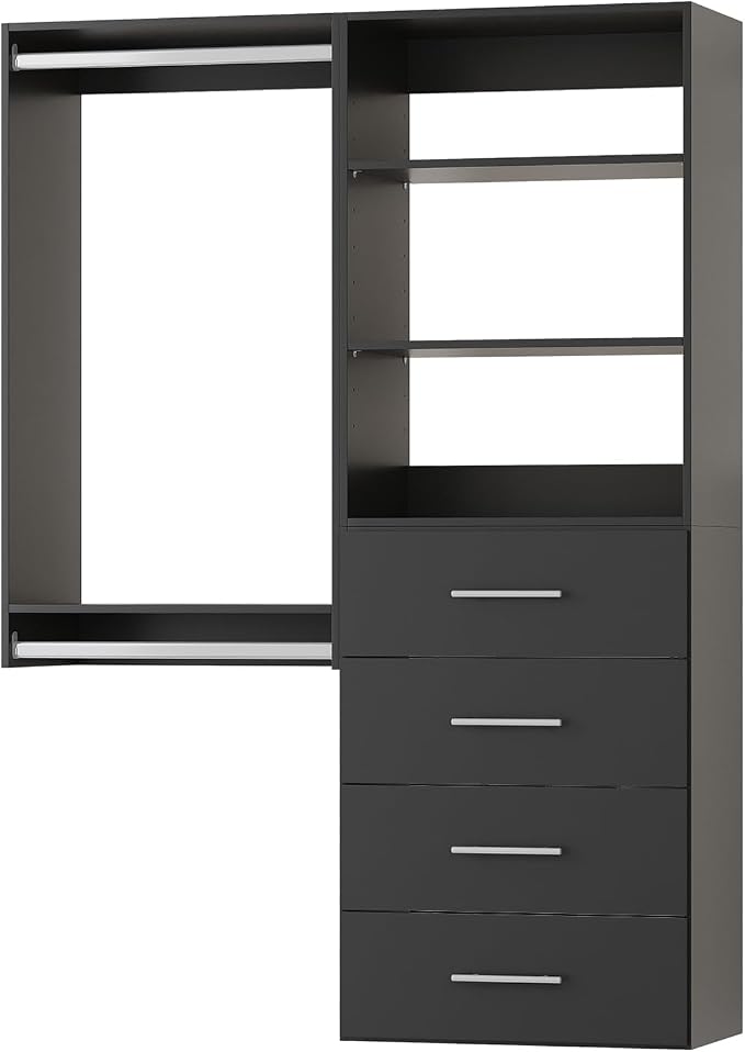 Modular Closet System, 61" Wide Closet Organizer System with Tower and Drawers, Wood Tower Closet Storage for Walk In Closets, Wall Mounted Wardrobe Organizer Kit System, Bedroom, Black