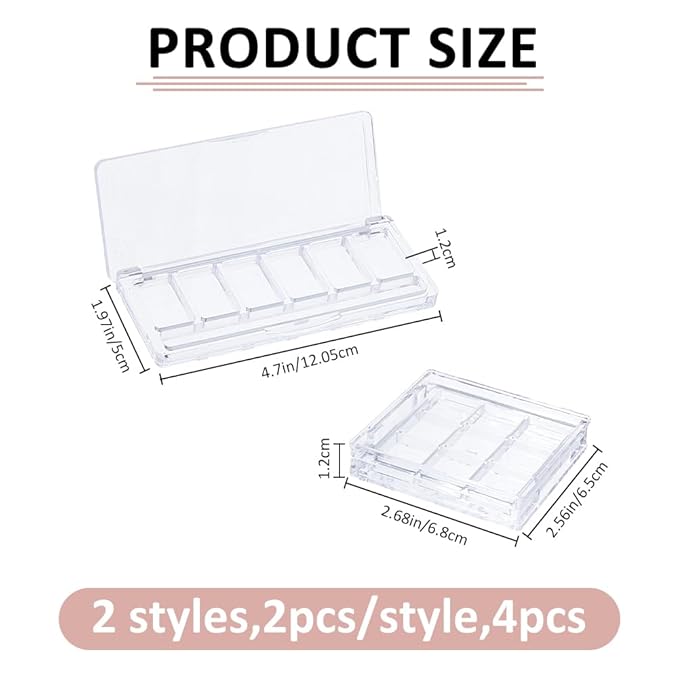 SUPERFINDINGS 4Pcs 2 Styles Empty Makeup Palette Depotting Cases Plastic DIY Eyeshadow Box Kit Clear Eyeshadow Powder Blush Lipstick Palette Dispensing Storage Boxes for Travel DIY