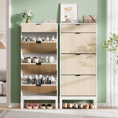 IDEALHOUSE Shoe Storage Cabinet with 3 Flip Drawers, Farmhouse Fluted Shoe Organizer with Metal Legs, Freestanding Hidden Slim Narrow Shoe Rack for Entryway, Foyer, Hallway