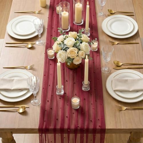 Artoid Mode Pearl Burgundy Gauze Table Runner 10FT Home Decor - Image 5