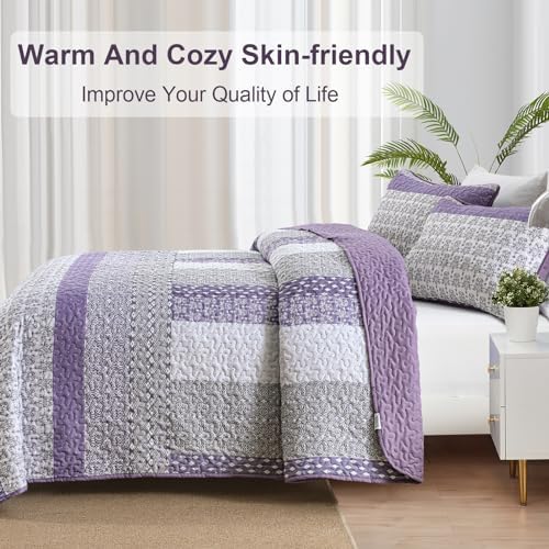 WONGS BEDDING Purple King Quilt Bedding Set, Bohemian Stripe Bedspread - Image 4