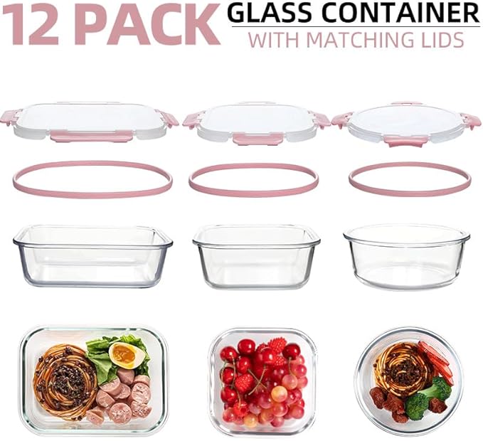 12 Pack Glass Storage Containers Transparent, Stackable Design Meal Prep Containers for Food Storage, Home, Kitchen & Pantry Organization, Microwave/Freezer/Dishwasher Safe