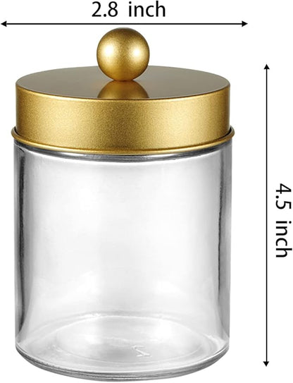 Amolliar 4 Pack Apothecary Jars Bathroom Vanity Storage Organizer Set -Countertop Canister with Stainless Steel Lids &Cute Stickers - Qtip Dispenser Holder for Qtips,Cotton Swabs,Makeup Sponges(Gold)